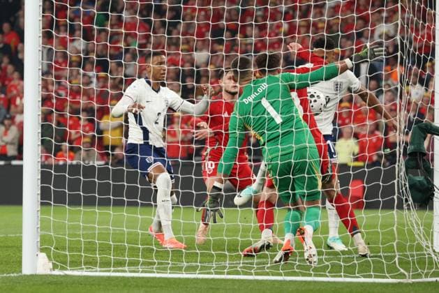 Ollie Watkins (E) scoring the second England goal (2-0) at the England v Wales friendly international match, Länderspiel, Nationalmannschaft at Wembley Stadium, London, UK on 9th October 2025. 