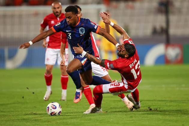 TA QALI , 09-10-2025 , National stadium , season 2025 2026 , UEFA WC Qualifying round football , match day 7 , match between Malta and Netherlands , picture shows Netherlands player Jurrien Timber Malta - Netherlands  x31439850x Copyright: