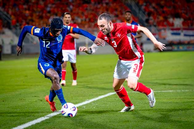 Netherlands midfielder Jeremie Frimpong, Malta player Ryan Camenzuli during the match Malta vs Netherlands at the National Stadium Ta Qali for the European Qualifiers Group G season 2025-2026 in ATTARD, Malta on 9 October 2025, (photo by Marcel van Dorst EYE4images DeFodi Images) Netherlands midfielder Jeremie Frimpong, Malta player Ryan Camenzuli during the match Malta vs Netherlands at the National Stadium Ta Qali for the European Qualifiers Group G season 2025 2026 in ATTARD, Malta on 9 October 2025, photo by Marcel van Dorst EYE4images DeFodi Images