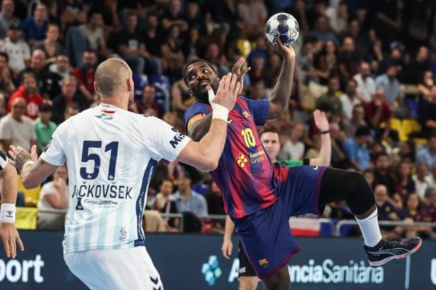 October 9, 2025, Barcelona, Barcelona, SPAIN: Dika Mem of FC Barcelona, Barca in action during the EHF Champions League 2025 26 group phase, handball match played between FC Barcelona and OTP Bank - Pick Szeged at Palau Blaugrana on October 09, 2025 in Barcelona, Spain. Barcelona SPAIN - ZUMAa181 20251009_zaa_a181_360 Copyright: xJavierxBorregox