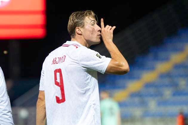 FIFA World Cup, WM, Weltmeisterschaft, Fussball - UEFA Qualifiers - Group C - Belarus vs. Denmark Denmark s Rasmus Hoejlund reacts after scoring to make it 2-0 during the World Cup qualifier match between Belarus and Denmark at ZTE Arena in Zalaegerszeg, Hungary, on Thursday, October 9, 2025. (Photo: Bo Amstrup Ritzau Scanpix) , Zalaegerszeg Ungarn Mors Copyright: BoxAmrstrupx xRitzauxScanpix BoxAmstrupx spdk20251009-215110-L