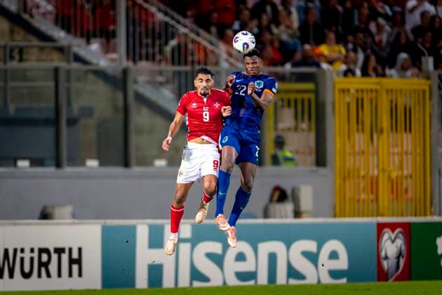 Malta player Ilyas Chouaref, Netherlands defender Denzel Dumfries during the match Malta vs Netherlands at the National Stadium Ta Qali for the European Qualifiers Group G season 2025-2026 in ATTARD, Malta on 9 October 2025, (photo by Marcel van Dorst EYE4images DeFodi Images) Malta player Ilyas Chouaref, Netherlands defender Denzel Dumfries during the match Malta vs Netherlands at the National Stadium Ta Qali for the European Qualifiers Group G season 2025 2026 in ATTARD, Malta on 9 October 2025, photo by Marcel van Dorst EYE4images DeFodi Images