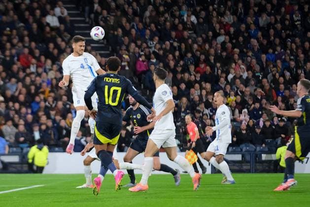 UK: Scotland v Greece, UEFA World Cup Qualifiers at Hampden Park, Glasgow, Scotland on 09 October 2025: Pictured: Konstantinos Mavropanos (Greece) heads clear Glasgow Hampden Park Scotland Copyright: xAlexxToddx
