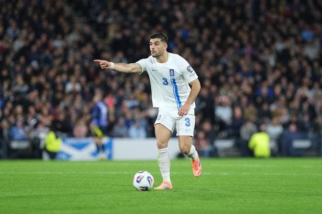 UK: Scotland v Greece, UEFA World Cup Qualifiers at Hampden Park, Glasgow, Scotland on 09 October 2025: Pictured: Konstantinos Koulierakis (Greece) Glasgow Hampden Park Scotland Copyright: xAlexxToddx