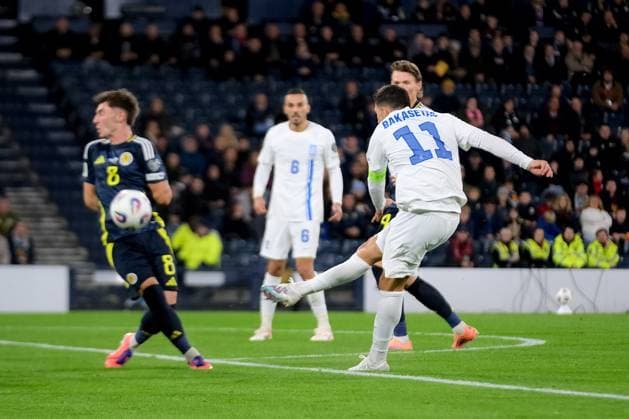 UK: Scotland v Greece, UEFA World Cup Qualifiers at Hampden Park, Glasgow, Scotland on 09 October 2025: Pictured: Tasos Bakasetas (Greece) shoots Glasgow Hampden Park Scotland Copyright: xAlexxToddx
