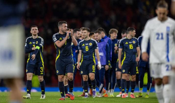 9th October 2025; Hampden Park, Glasgow, Scotland; World Cup Qualifiers International Football, Scotland versus Greece; John McGinn of Scotland and Andy Robertson of Scotland lead the scotland players in applauding their fans after the win  VagelisxGeorgariou