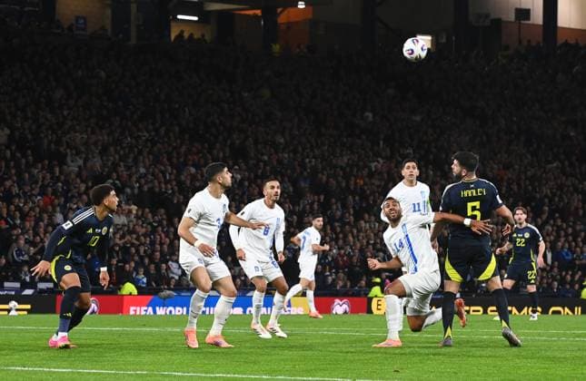 UK: Scotland v Greece, World Cup Qualifier, at Hampden Park in Glasgow, Scotland on 09 October 2025 Scotland v Greece, World Cup Qualifier, at Hampden Park in Glasgow, Scotland on 09 October 2025 Grant Hanley (Scotland) flicks the ball goalwards while in the box Glasgow Hampden Park Strathclyde Scotland Copyright: xGerxHarleyx