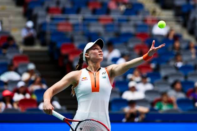 WUHAN, CHINA - OCTOBER 10: Elena Rybakina of Kazakhstan competes in the Women s Singles Quarterfinal match against Aryna Sabalenka on day 7 of 2025 Wuhan Open at Optics Valley International Tennis Center on October 10, 2025 in Wuhan, Hubei Province of China.  Copyright: xVCGx 111596355561