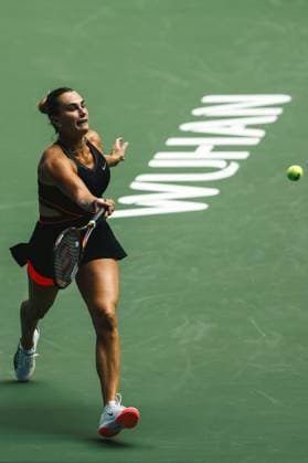 WUHAN, CHINA - OCTOBER 10: Aryna Sabalenka competes in the Women s Singles Quarterfinal match against Elena Rybakina of Kazakhstan on day 7 of 2025 Wuhan Open at Optics Valley International Tennis Center on October 10, 2025 in Wuhan, Hubei Province of China.  Copyright: xVCGx 111596355428