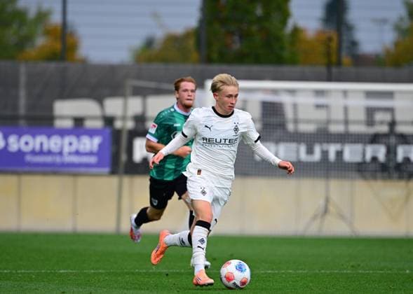 10.10.2025; Moenchengladbach; Fussball, Herren, Saison 2025 2026, Testspiel, Borussia Moenchengladbach vs. Preussen Muenster Fritz Fleck (Gladbach) DFL regulations prohibit any use of photographs as image sequences and or quasi-video. Borussia-Park NRW Deutschland