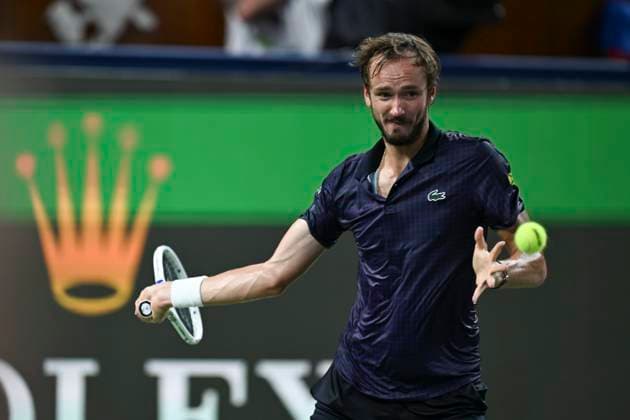 (251010) -- SHANGHAI, Oct. 10, 2025 -- Daniil Medvedev hits a return during the men s singles quarterfinal between Daniil Medvedev of Russia and Alex de Minaur of Australia at the ATP, Tennis Herren World Tour Shanghai Masters tennis tournament in Shanghai, east China, Oct. 10, 2025. ) (SP)CHINA-SHANGHAI-TENNIS-ATP TOUR-SHANGHAI MASTERS-MEN S SINGLES (CN) ChenxHaoming 