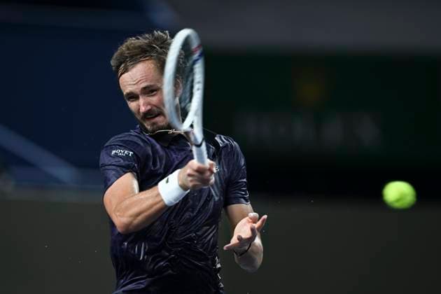 (251010) -- SHANGHAI, Oct. 10, 2025 -- Daniil Medvedev hits a return during the men s singles quarterfinal between Daniil Medvedev of Russia and Alex de Minaur of Australia at the ATP, Tennis Herren World Tour Shanghai Masters tennis tournament in Shanghai, east China, Oct. 10, 2025. ) (SP)CHINA-SHANGHAI-TENNIS-ATP TOUR-SHANGHAI MASTERS-MEN S SINGLES (CN) ChenxHaoming 