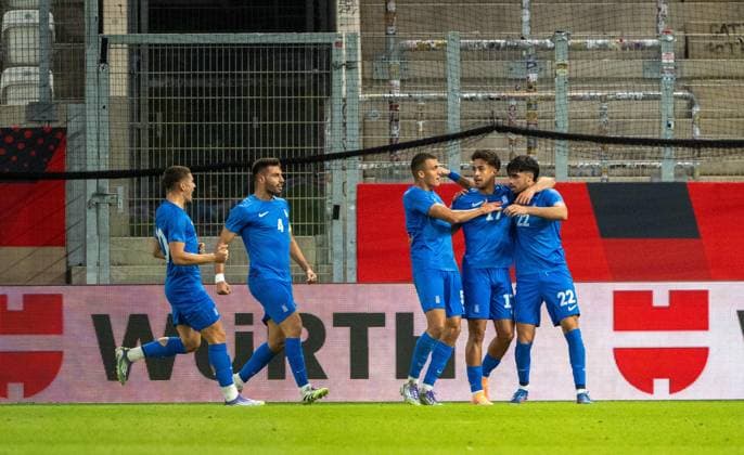 Fußball, Nachwuchs, Saison 2025 26, U21, U 21 EM-Qualifikation (Gruppe F 4. Spieltag) in Jena Deutschland - Griechenland, v. l. Dimitrios Kaloskamis (U21, Griechenland), Alexios Kalogeropoulos (U21, Griechenland), Christos Alexiou (U21, Griechenland), Charalampos Kostoulas (U21, Griechenland), Konstantinos Kostoulas (U21, Griechenland, Jubel nach Tor zum 0:1, 10.10. 2025, Copyright: xMatthiasxKochx