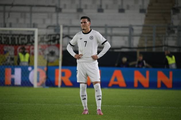 10.10.2025, xmohx, Fussball U 21 EM Qualifikation, Deutschland - Griechenland v.l. Said El Mala (Deutsche Fussball Nationalmannschaft DFB U21, U 21 Enttäuscht, traurig, frustriert (DFL DFB REGULATIONS PROHIBIT ANY USE OF PHOTOGRAPHS as IMAGE SEQUENCES and or QUASI-VIDEO) Jena
