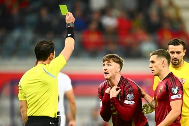 Belgium v North Macedonia - FIFA World Cup, WM, Weltmeisterschaft, Fussball 2026 UEFA Qualifier GENT, BELGIUM - OCTOBER 10 : Saelemaekers Alexis midfielder of Belgium receives a yellow card from the referee during the FIFA World Cup 2026 UEFA Qualifiers between Belgium and North Macedonia on October 10, 2025 in Gent, Belgium, 10 10 2025 Gent Belgium  Copyright: xGvgx