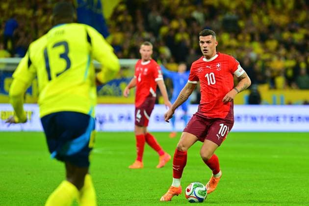 Strawberry Arena, Solna, Sweden, Oct 10th 2025: Granit Xhaka (10 Switzerland) in the FIFA World Cup, WM, Weltmeisterschaft, Fussball Qualifiers game on October 10th 2025 between Sweden and Switzerland at Strawberry Arena in Solna, Sweden (Peter Sonander SPP) Copyright: xPeterxSonander SPPx Sportspressphoto_SPR40730