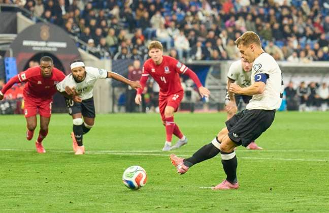 Joshua Kimmich of Germany scores, shoots goal , Tor, Treffer, Torschuss, 2-0 in the FIFA World Cup, WM, Weltmeisterschaft, Fussball 2026 qualifier match GERMANY - LUXEMBURG in Season 2025 2026 at October 10, 2025 in Sinsheim, Germany.