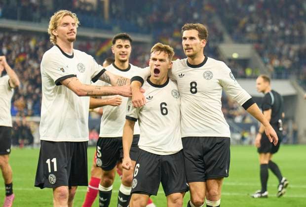 Joshua Kimmich of Germany celebrates his her goal, happy, laugh, celebration, 2-0 in the FIFA World Cup, WM, Weltmeisterschaft, Fussball 2026 qualifier match GERMANY - LUXEMBURG in Season 2025 2026 at October 10, 2025 in Sinsheim, Germany.