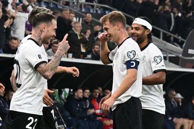 10.10.2025, xsltx, Fussball WM-Qualifikation 2026, Deutschland - Luxemburg v.l. Torjubel nach dem Tor zum celebrating the goal celebrate 1:0 durch David Raum (Deutsche Fussball Nationalmannschaft DFB) (DFL DFB REGULATIONS PROHIBIT ANY USE OF PHOTOGRAPHS as IMAGE SEQUENCES and or QUASI-VIDEO) Sinsheim