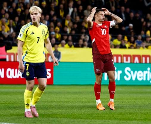 STOCKHOLM, SVERIGE 20251010 Schweiz Granit Xhaka under fredagens fotbollsmatch i VM-kvalet mellan Sverige och Schweiz pa Strawberry arena, oktober 10, 2025 i Stockholm, Sverige. STOCKHOLM SVERIGE x60160x Copyright: xStefanxJerrevang TTx VM-KVAL SVERIGE-SCHWEIZ