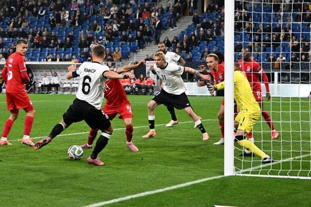 10.10.2025, xsltx, Fussball WM-Qualifikation 2026, Deutschland - Luxemburg v.l. Joshua Kimmich (Deutsche Fussball Nationalmannschaft DFB) Torschuetze, erzielt das Tor, Treffer, scores the goal 4:0 Anthony Moris (Luxemburg) (DFL DFB REGULATIONS PROHIBIT ANY USE OF PHOTOGRAPHS as IMAGE SEQUENCES and or QUASI-VIDEO) Sinsheim