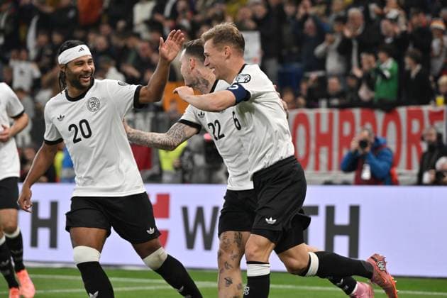 Jubel 4:0 v.li., Serge Gnabry (Deutschland), David Raum (Deutschland), Joshua Kimmich (Deutschland) 10.10.2025, FIFA WM Qualifikation Europa 2025 26, 7. Spieltag Deutschland - Luxemburg Sinsheim PreZero-Arena Nordrhein Westfalen Deutschland