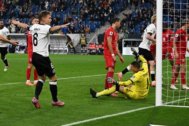 10.10.2025, xsltx, Fussball WM-Qualifikation 2026, Deutschland - Luxemburg v.l. Torjubel nach dem Tor zum celebrating the goal celebrate 4:0 durch Joshua Kimmich (Deutsche Fussball Nationalmannschaft DFB) (DFL DFB REGULATIONS PROHIBIT ANY USE OF PHOTOGRAPHS as IMAGE SEQUENCES and or QUASI-VIDEO) Sinsheim