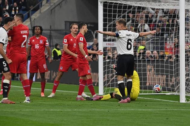 10.10.2025, xjrdrx, Fussball WM-Qualifikation 2026, Deutschland - Luxemburg v.l. Torjubel nach dem Tor zum celebrating the goal celebrate 4:0 durch Joshua Kimmich (Deutsche Fussball Nationalmannschaft DFB) (DFL DFB REGULATIONS PROHIBIT ANY USE OF PHOTOGRAPHS as IMAGE SEQUENCES and or QUASI-VIDEO) Sinsheim