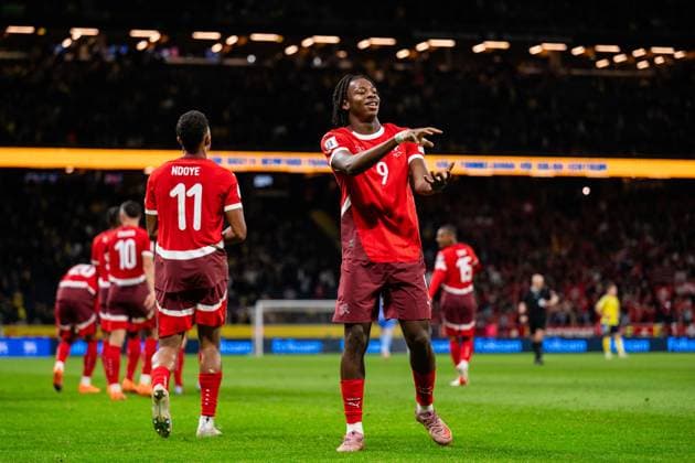 251010 Johan Manzambi of Switzerland celebrating the 0-2 goal during the FIFA World Cup, WM, Weltmeisterschaft, Fussball Qualifier football match between Sweden and Switzerland on October 10, 2025 in Stockholm. Photo: Joel Marklund BILDBYRAN kod JM JM0740 bbeng fotboll football soccer fotball vm-kval kval fifa world cup qualifier qualifier qualification sverige sweden sverige a schweiz switzerlandbbauto jubel Copyright: JOELxMARKLUND BB251010JM116