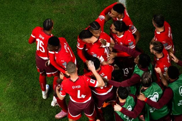 251010 Granit Xhaka of Switzerland celebrates with team mates after 0-1 during the FIFA World Cup, WM, Weltmeisterschaft, Fussball Qualifier football match between Sweden and Switzerland on October 10, 2025 in Stockholm. Photo: Emma Wallskog BILDBYRAN COP 320 JM0740 bbeng fotboll football soccer fotball vm-kval kval fifa world cup qualifier qualifier qualification sverige sweden sverige a schweiz switzerland jubel Copyright: EMMAxWALLSKOG BB251010EW031