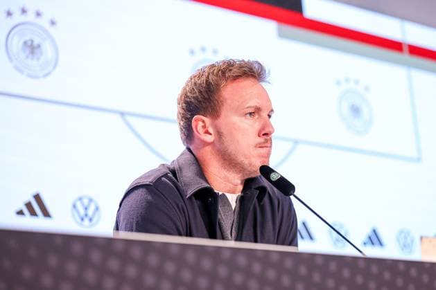 10.10.2025, Fußball, Länderspiel, Deutschland - Luxemburg, UEFA WM-Qualifikation, 2025 2026, Gruppe A, PreZero Arena in Sinsheim: Nationaltrainer Julian Nagelsmann (GER hc) bei der Pressekonferenz nach dem Spiel DFB regulations prohibit any use of photographs as image sequences and or quasi-video. Baden-Württemberg Deutschland