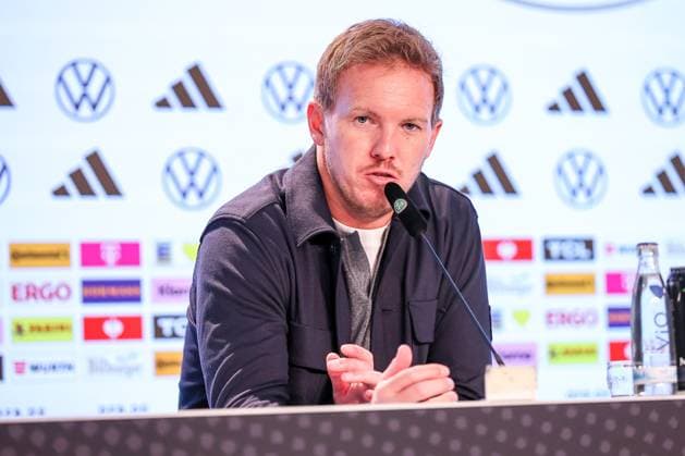 10.10.2025, Fußball, Länderspiel, Deutschland - Luxemburg, UEFA WM-Qualifikation, 2025 2026, Gruppe A, PreZero Arena in Sinsheim: Nationaltrainer Julian Nagelsmann (GER hc) bei der Pressekonferenz nach dem Spiel DFB regulations prohibit any use of photographs as image sequences and or quasi-video. Baden-Württemberg Deutschland