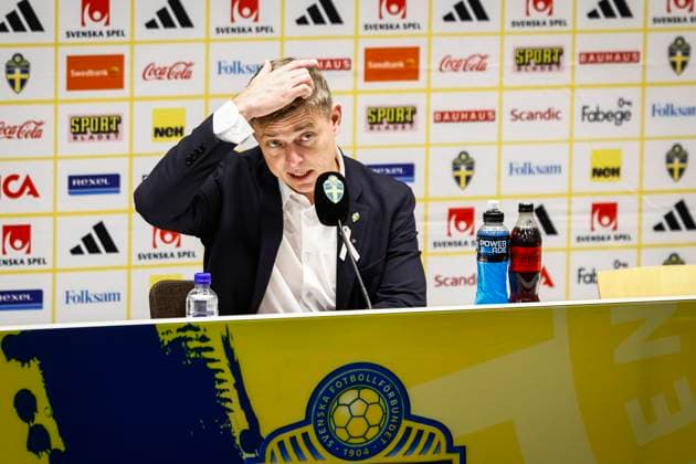 Sweden s head coach Jon Dahl Tomasson during a press conference, PK, Pressekonferenz after Friday s World Cup qualifying soccer match between Sweden and Switzerland at Strawberry Arena, October 10, 2025 in Stockholm, Sweden. STOCKHOLM SWEDEN x60160x