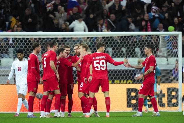 Russia Soccer Friendly Russia - Iran 9023696 10.10.2025 Russia s players celebrate their team s second goal scored by Aleksey Batrakov during the friendly soccer match between Russia and Iran, in Volgograd, Russia. Alexander Vilf Sputnik Volgograd Russia  Copyright: xAlexanderxVilfx