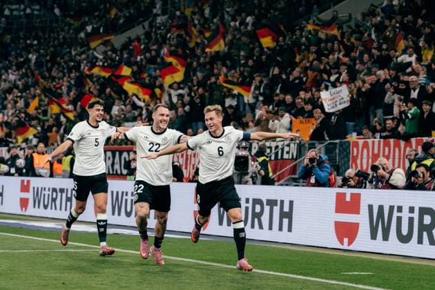Sinsheim, Germany, October 10th 2025 Joshua Kimmich ( 6 - Germany) celebration of his goal for the 4-0 with David Raum ( 22 - Germany) and Aleksandar Pavlovic ( 5 - Germany) during the UEFA European Qualifiers match between Germany vs. Luxemburg at PreZero Arena, in Sinsheim, Germany. (Gabor Baumgarten SPP) Copyright: xGaborxBaumgartenx xSPPx spp-en-GaBaSp-10_10_Germany_Luxemburg_European Qualifiers_Gabor_Baumgarten-09146