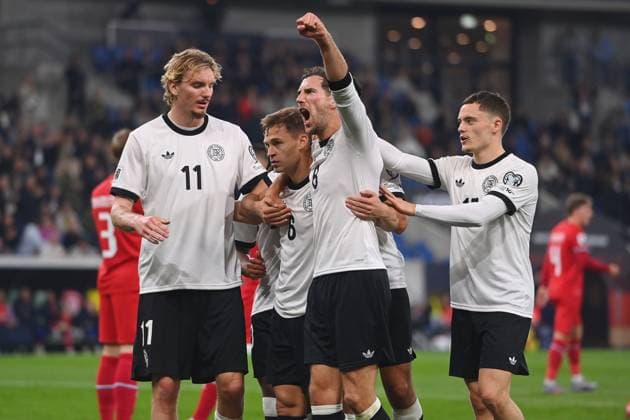 Torjubel v.li:Nick WOLTEMADE (GER),Torschuetze Joshua KIMMICH (GER),Leon GORETZKA (GER),Florian WIRTZ (GER) nach Tor zum 2-0, Jubel,Freude,Begeisterung,Aktion. Fussball Laenderspiel, WM Qualifikation Gruppe A Spieltag 07 Deutschland (GER) - Luxemburg (LU) 4-0 am 10.10.2025, PreZero Arena Sinsheim