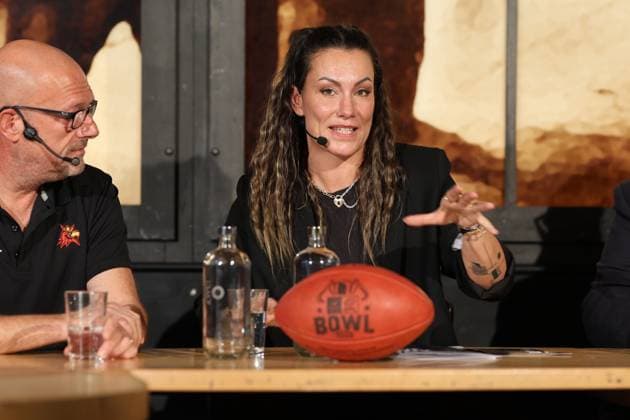 GFL Livetalk Week 23 Steffanie Schutta (GFL-Livetalk Host) GFL-Bowl, Potsdam Royals vs. Dresden Monarchs, American Football, German Football League, Week 23, 2025, 11.10.2025, Dresden Rudolf-Harbig-Stadion BW Germany Copyright: xFootxBowl SebastianxJustx
