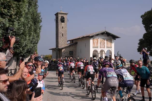 The pack rides cycles in front of Madonna del Ghisallo during the 119th edition of the Il Lombardia, Tour of Lombardy cycling race, a 241 km one day race from Como to Bergamo on October 11, 2025, Italy.  Copyright: xMarcoxAlpozzi LaPressex