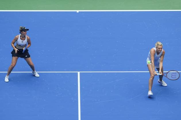 WUHAN, CHINA - OCTOBER 11: Storm Hunter of Australia and Katerina Siniakova of the Czech Republic return a shot in the Women s Doubles Semifinal match against Olivia Nicholls of Great Britain and Tereza Mihalikova of Slovakia on day 8 of 2025 Wuhan Open at Optics Valley International Tennis Center on October 11, 2025 in Wuhan, Hubei Province of China.  Copyright: xVCGx 111596553925