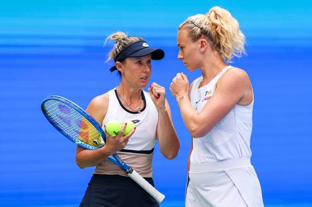 WUHAN, CHINA - OCTOBER 11: Storm Hunter of Australia and Katerina Siniakova of the Czech Republic react in the Women s Doubles Semifinal match against Olivia Nicholls of Great Britain and Tereza Mihalikova of Slovakia on day 8 of 2025 Wuhan Open at Optics Valley International Tennis Center on October 11, 2025 in Wuhan, Hubei Province of China.  Copyright: xVCGx 111596553871