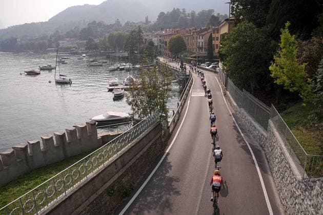 The pack rides cycles during the 119th edition of the Il Lombardia, Tour of Lombardy cycling race, a 241 km one day race from Como to Bergamo on October 11, 2025, Italy.  Copyright: xMarcoxAlpozzi LaPressex