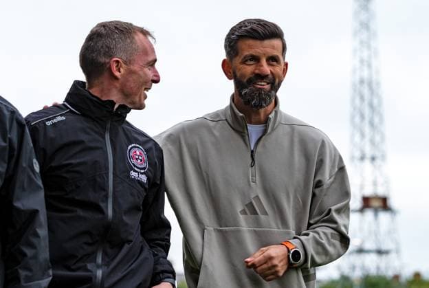 Club Friendly, Dalymount Park, Dublin 11 10 2025 Bohemians vs Schalke 04 Bohemians Coach Derek Pender and Schalke Manager Miron Muslic ahead of the match Derek Pender and Miron Muslic ahead of the match 11 10 2025  Copyright: x INPHO DanxClohessyx DC023676 copy