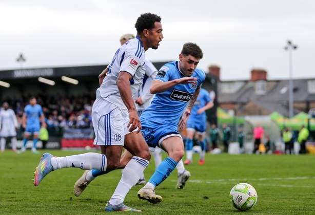 Club Friendly, Dalymount Park, Dublin 11 10 2025 Bohemians vs Schalke 04 Schalke s Anton Donkor and Dawson Devoy of Bohemians Anton Donkor and Dawson Devoy 11 10 2025  Copyright: x INPHO DanxClohessyx DC023687 copy