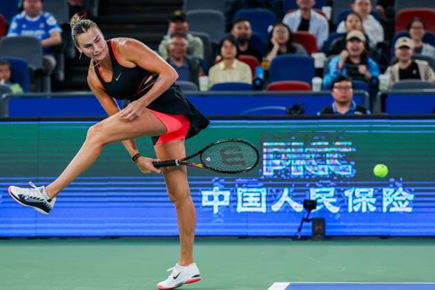 WUHAN, CHINA - OCTOBER 11: Aryna Sabalenka of Belarus returns a shot in the Women s Singles Semifinal match against Jessica Pegula of the United States on day 8 of 2025 Wuhan Open at Optics Valley International Tennis Center on October 11, 2025 in Wuhan, Hubei Province of China.  Copyright: xVCGx 111596588203