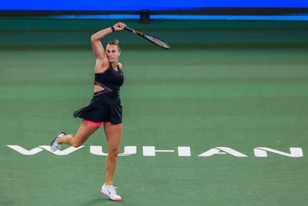WUHAN, CHINA - OCTOBER 11: Aryna Sabalenka of Belarus returns a shot in the Women s Singles Semifinal match against Jessica Pegula of the United States on day 8 of 2025 Wuhan Open at Optics Valley International Tennis Center on October 11, 2025 in Wuhan, Hubei Province of China.  Copyright: xVCGx 111596588855