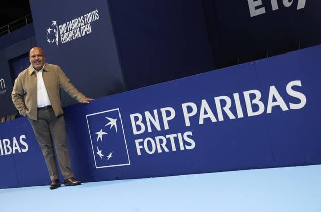Participant pictured in action during a demonstration session at the European Open ATP, Tennis Herren tennis tournament at the ING Arena Brussels Expo in Brussels, on Saturday 11 October 2025. The European Open will be played from 12 to 19 October 2025. VIRGINIExLEFOUR  x136535163x