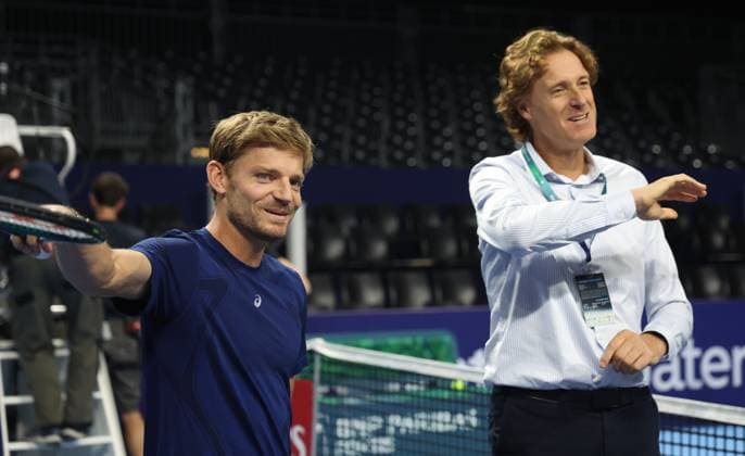 Belgian David Goffin and European Open tournament director Dick Norman pictured during a demonstration session at the European Open ATP, Tennis Herren tennis tournament at the ING Arena Brussels Expo in Brussels, on Saturday 11 October 2025. The European Open will be played from 12 to 19 October 2025. VIRGINIExLEFOUR  x136535259x