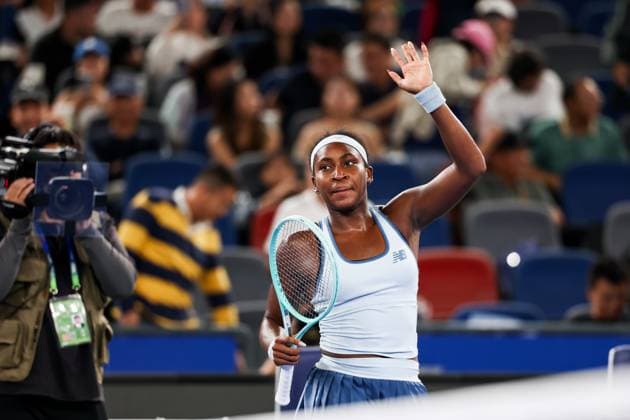 WUHAN, CHINA - OCTOBER 11: Coco Gauff of the United States reacts in the Women s Singles Semifinal match against Jasmine Paolini of Italy on day 8 of 2025 Wuhan Open at Optics Valley International Tennis Center on October 11, 2025 in Wuhan, Hubei Province of China.  Copyright: xVCGx 111596586810
