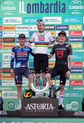 EVENEPOEL Remco second palce, STORER Michael third place, POGACAR Tadej wins the 119th edition of the Il Lombardia, Tour of Lombardy cycling race, a 241 km one day race from Como to Bergamo on October 11, 2025, Italy.  Copyright: xGianxMattiaxD Alberto LaPressex