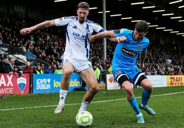 Club Friendly, Dalymount Park, Dublin 11 10 2025 Bohemians vs Schalke 04 Schalke s Janik Bachmann and Adam McDonnell of Bohemians Janik Bachmann and Adam McDonnell 11 10 2025  Copyright: x INPHO DanxClohessyx DC023742 copy